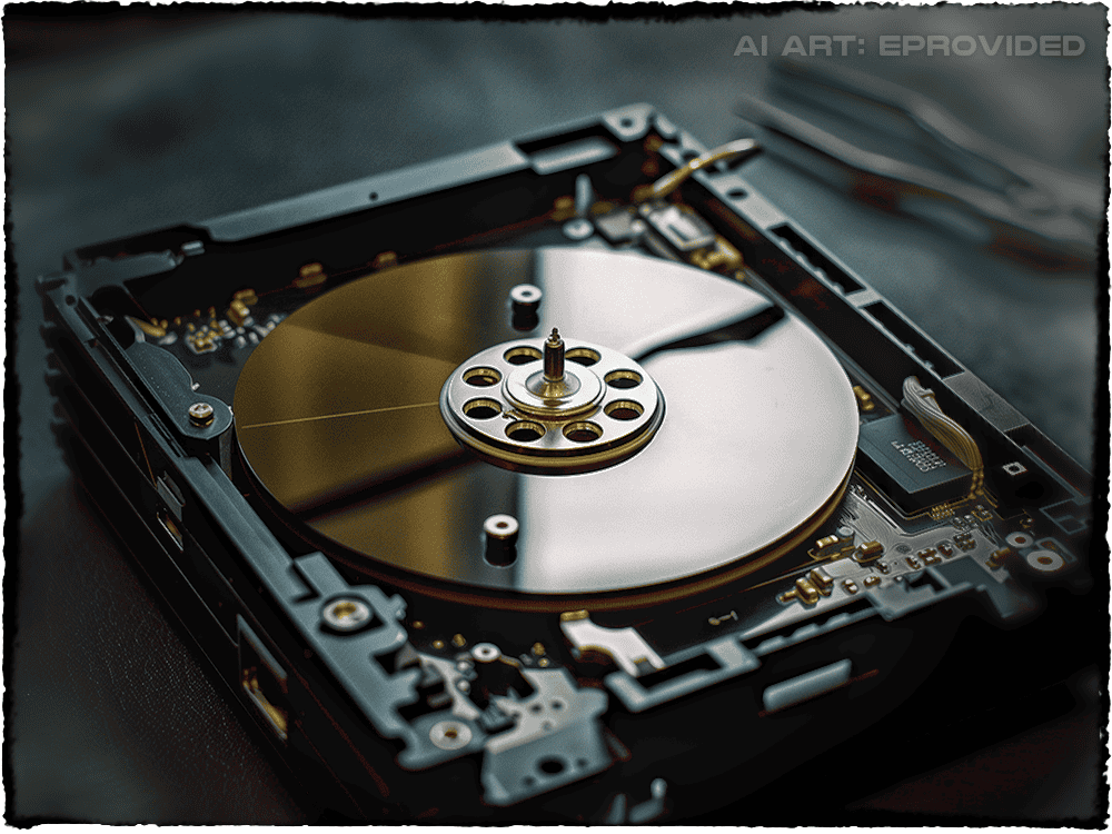 Internal view of an opened hard disk drive showing platters, read/write heads and the actuator arm