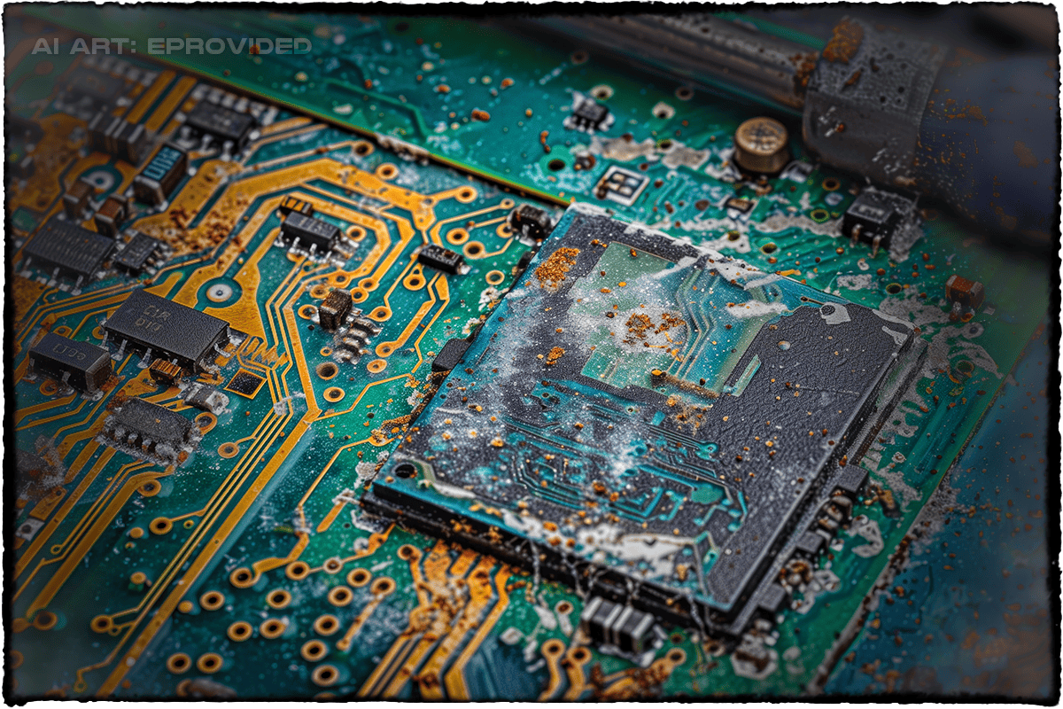 Water-damaged hard drive circuit board showing corrosion, still recoverable