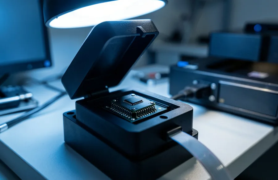 A BGA NAND memory chip seated in a programmer socket adapter for direct chip reading in a data recovery lab