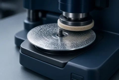 CD or DVD disc mounted on a small precision resurfacing and polishing machine with a felt polishing pad above it