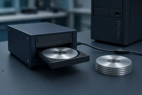 Industrial optical disc reader unit with its tray extended holding a disc, a stack of discs beside it and a computer tower in the background