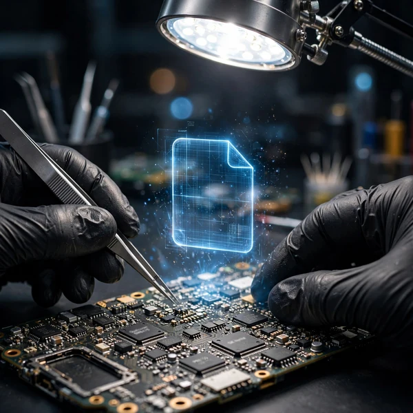 Gloved hands with tweezers performing board-level repair on an open circuit board under a work lamp, with a glowing file icon rising above it, symbolizing iPhone 16 Pro Max data recovery at the board and chip level
