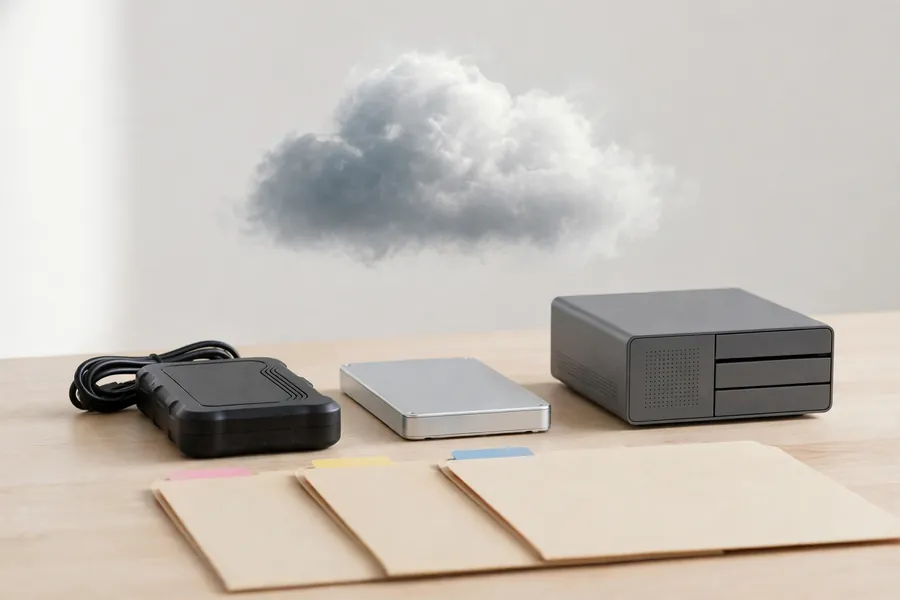 Three copies of the same files: an external hard drive, a second drive and a cloud backup icon, showing the 3-2-1 backup rule