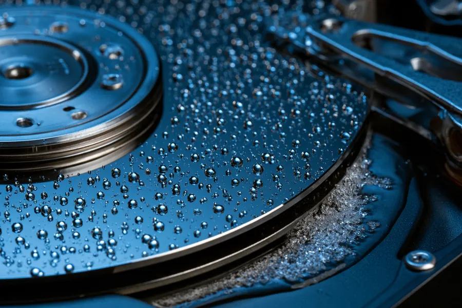 Beads of condensation on the mirror surface of a hard drive platter after the drive came out of a freezer