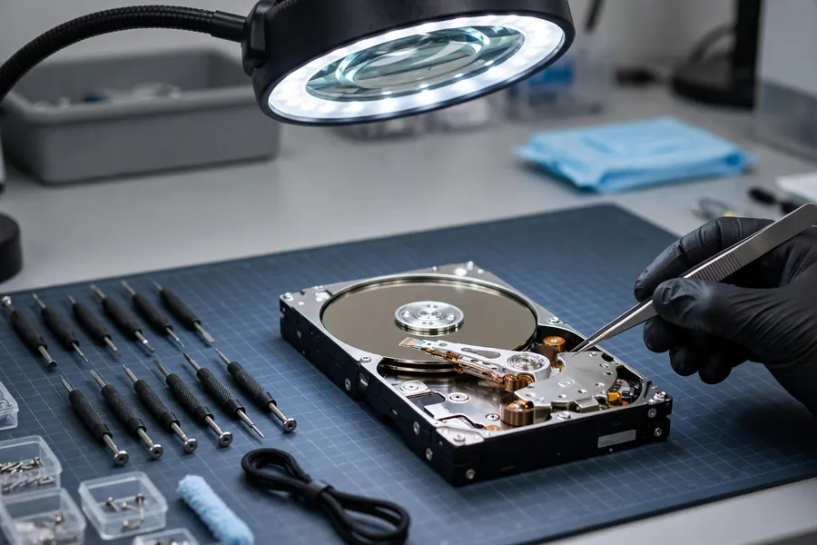 An opened hard drive on a lab bench under a magnifier during a data recovery evaluation