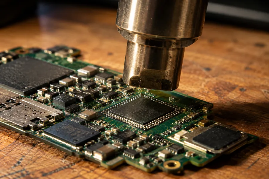A BGA rework tool positioned directly over a processor chip on a logic board, surrounded by densely packed circuit components