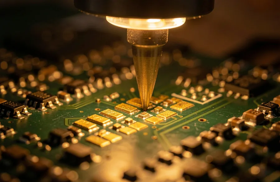 Fine JTAG test probe making contact with gold test points on a circuit board during data recovery diagnostics