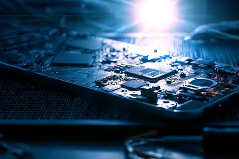 Smartphone logic board removed from casing with chips and solder points visible under macro lighting