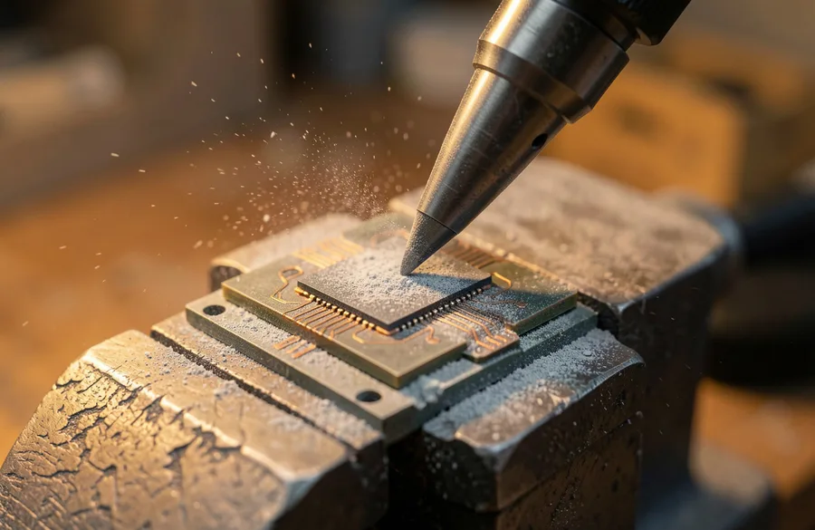 Precision grinding exposing substrate test points on a monolithic memory chip package during chip-off data recovery