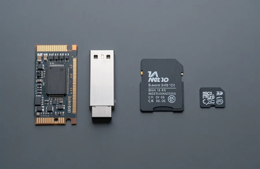 An M.2 SSD, USB flash drive, SD card, and microSD card laid out together, the range of NAND flash storage formats