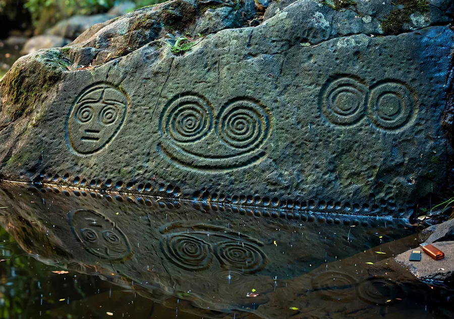 AI illustration, not a photograph: the Reef Bay double spiral, a ringed-eye face and paired rings drawn clearly on basalt above a pool