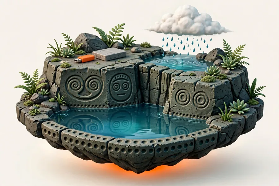 AI illustration, not a photograph: an illustrated island diorama with Reef Bay style carvings above a pool, a small rain cloud, a USB drive and a hard drive