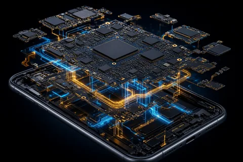 Illustrative exploded view of a smartphone with the main circuit board lifted above the chassis, showing the processor, memory and power chips linked by glowing gold and blue traces