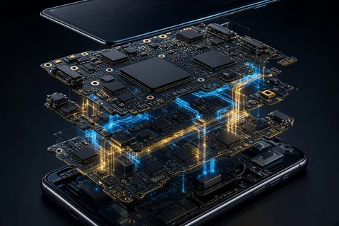 Illustrative stack of smartphone circuit-board layers floating above the phone body with glowing gold and blue traces linking the processor and surrounding chips under a glass display layer