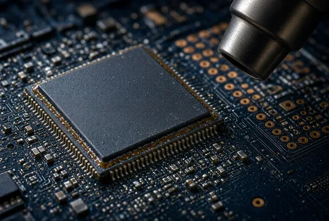 Extreme macro of a large square processor package on a smartphone logic board with a fine gold-coloured edge line and a hot-air rework nozzle at the upper right