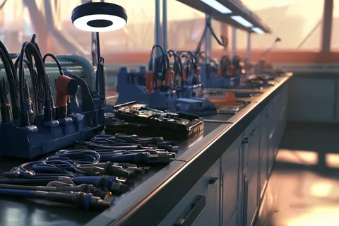 Data recovery lab workbench with diagnostic equipment, cables, and a hard drive under a work light