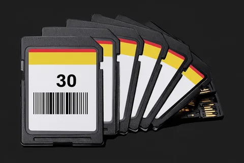 A fanned stack of SD memory cards showing gold contact pins on the last card