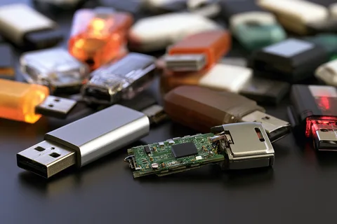 Group of USB flash drives on a dark surface with one drive disassembled showing its circuit board