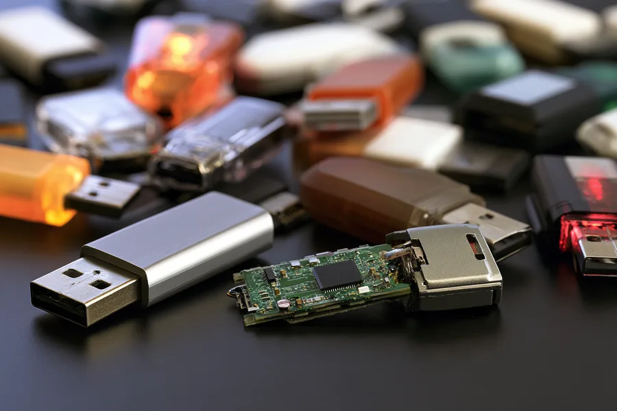 A disassembled USB flash drive showing its internal circuit board and memory chip among a pile of intact flash drives