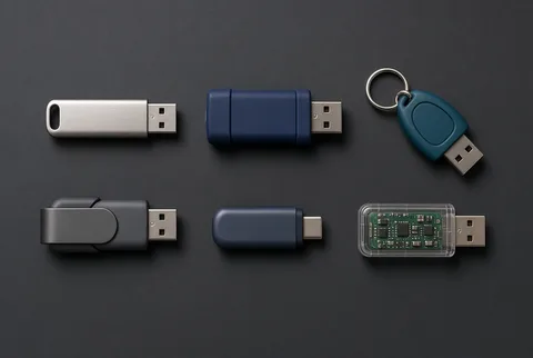 Six USB flash drives of different shapes laid out on a dark workbench including a metal pen drive, keychain drive, swivel drive and USB-C drive