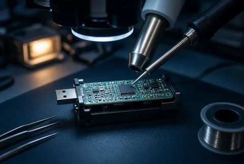 USB thumb drive circuit board under a stereo microscope with a soldering iron and hot-air rework nozzle above the flash chip