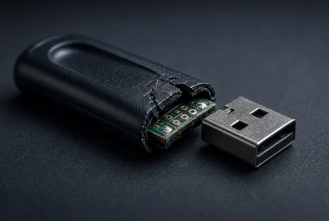 Black USB thumb drive with a cracked housing exposing the circuit board and its metal connector separated beside it