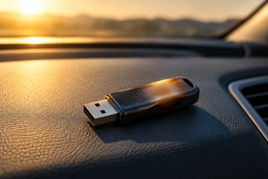 USB flash drive with warped plastic casing left on a car dashboard in direct sun