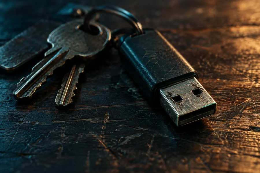 Scratched USB flash drive connector worn from being carried on a keychain with metal keys