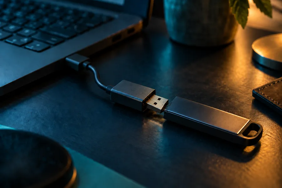 USB flash drive connected to a laptop through a loose adapter cable during a file transfer