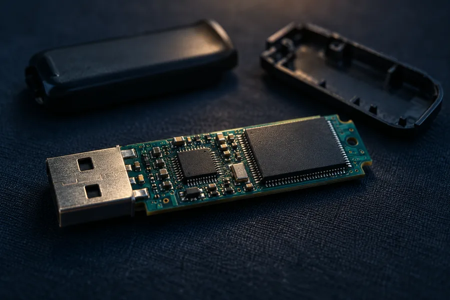 Disassembled USB flash drive circuit board with monolithic NAND controller chip exposed next to its open casing