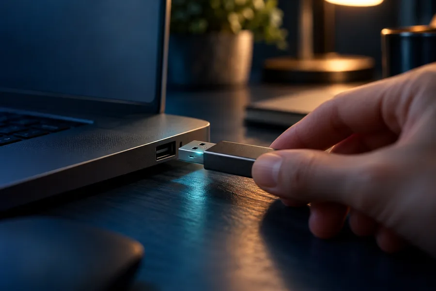 Hand carefully removing a USB flash drive straight out of a laptop USB port at a desk