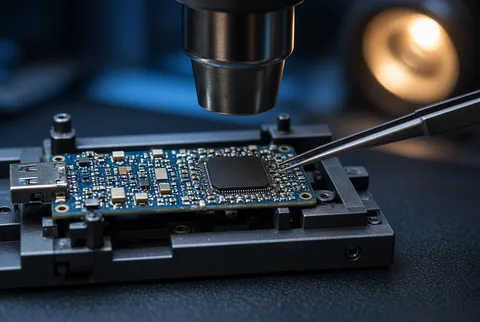 USB flash drive circuit board with a large controller chip held in a fixture under a stereo microscope with fine tweezers at the chip edge