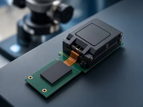 USB flash drive circuit board connected by an orange flat flex cable to a black NAND reader clip on a workbench beside a stereo microscope