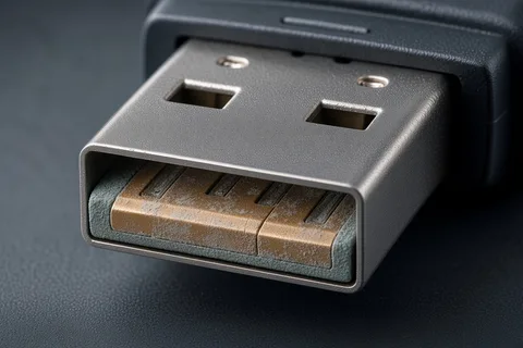 Extreme close-up of a USB-A flash drive plug with gold contact pads showing grey-green oxidation and a metal shell with two retention holes