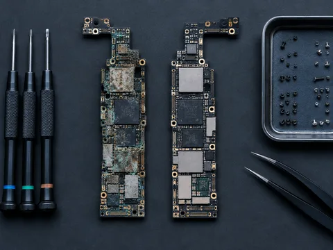 Corroded phone logic board beside a clean matching donor board with screwdrivers, tweezers and a screw tray