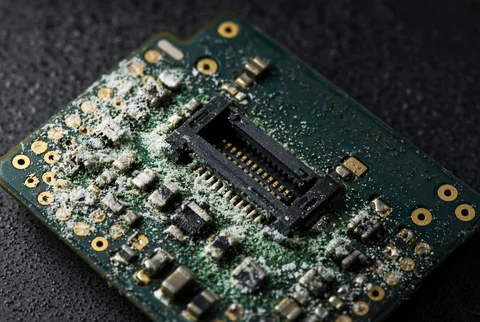 Macro view of green-white corrosion on the contacts and components of a water-damaged phone logic board
