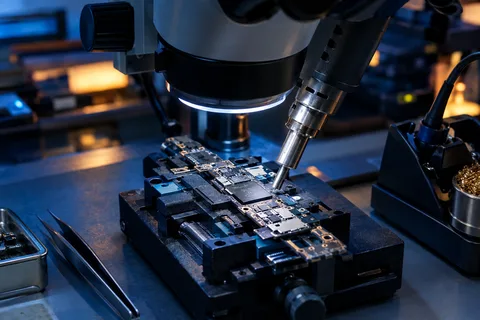 Phone logic board clamped in a holder under a stereo microscope with a hot-air rework nozzle above it