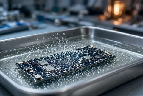 Phone logic board submerged in a stainless-steel ultrasonic cleaning tray with fine bubbles rising