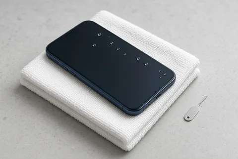 Water-exposed smartphone switched off and laid on a dry microfibre towel with droplets on the screen