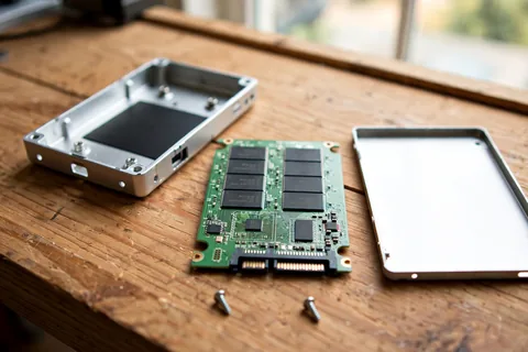 An opened 2.5-inch SATA SSD showing the controller and flash chips on the board