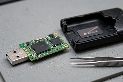 A bare green USB flash drive circuit board with a flat memory chip and a square controller chip beside a cracked case half