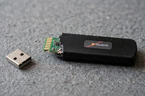 A black USB flash drive body with a small grey VaultriX label lying beside its silver plug shell that snapped off the board
