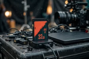 Illustration of a 32 GB SD card with an orange and dark teal label standing in a card reader on a road case at a film-set offload station, with cables, a closed laptop and a cinema camera behind it