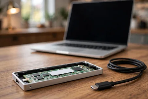 An M.2 SSD inside an open USB-C enclosure on a desk