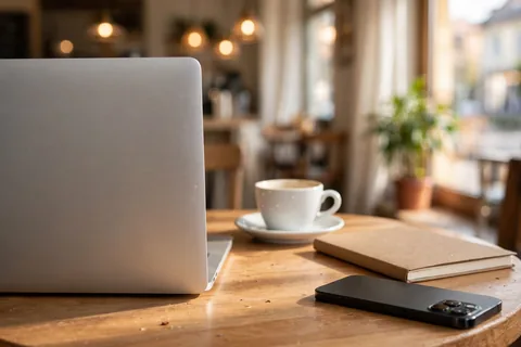 An open silver laptop seen from behind on a small wooden cafe table beside a coffee cup, a notebook and a smartphone