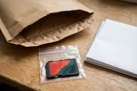 A padded shipping envelope and a small anti-static bag holding an SD card on a wooden desk, ready to send for a free evaluation