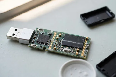A flash drive circuit board with white salt crystals and a pale tide line across its surface beside a small dish of salt water
