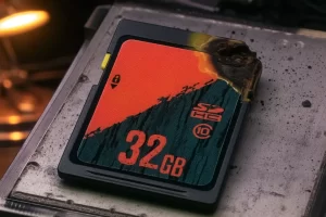 Rendered image of a scorched 32 GB SD card with an orange and dark teal label lying on a bench, with a dark blistered burn at one clipped corner and the rest of the card intact