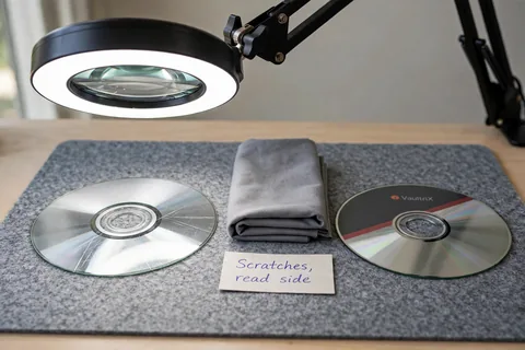 A scratched silver disc under a ring-light magnifier lamp beside a folded cloth and a printed disc