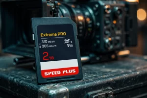 Illustration of an SD card with a red and black label standing on a scuffed black road case in front of a cinema camera on a film set